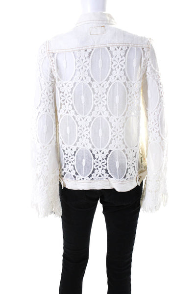 Sunday Tropez Womens Elvis Mesh Embroidered Sleeve Linen Jacket White Size Small