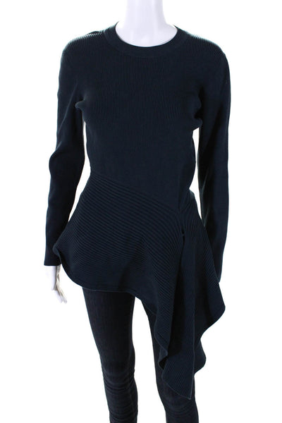 Cushnie Et Ochs Womens Wool Knit Asymmetrical Hem Crewneck Sweater Blue Size L