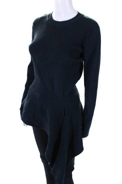 Cushnie Et Ochs Womens Wool Knit Asymmetrical Hem Crewneck Sweater Blue Size L