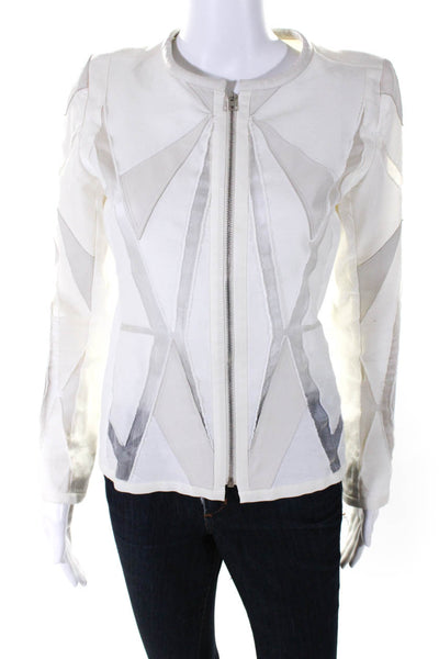 IRO Womens Long Sleeve Front Zip Leather Trim Light Jacket White Cotton FR 40