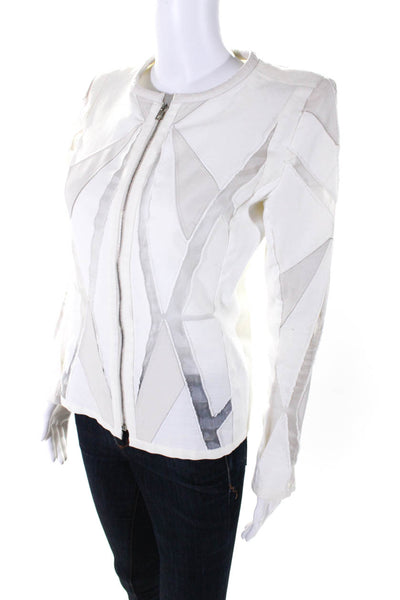 IRO Womens Long Sleeve Front Zip Leather Trim Light Jacket White Cotton FR 40