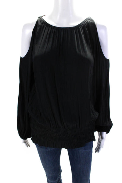 Ramy Brook Women's Round Neck Cold Shoulder Smocked Waist Blouse Black Size XS