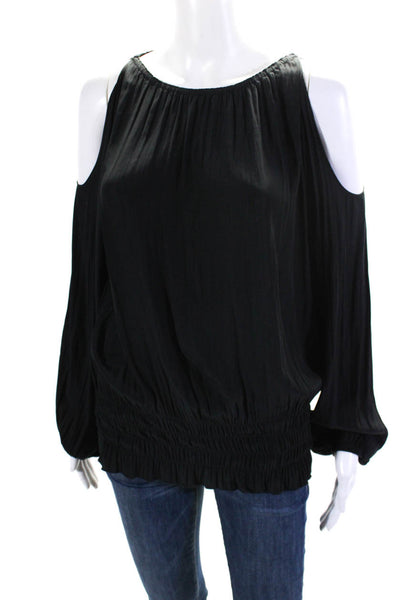 Ramy Brook Women's Round Neck Cold Shoulder Smocked Waist Blouse Black Size XS