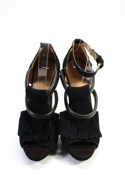 L.A.M.B. Womens Suede Fringe Cut Out Sandal Heels Black Size 9.5 Medium