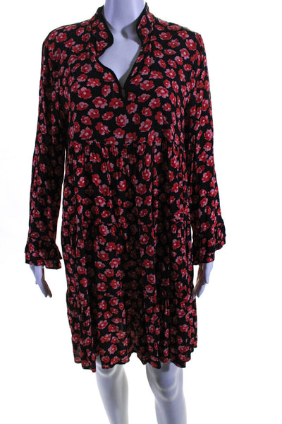 Ganni Womens Black Red Floral Print V-Neck Long Sleeve A-Line Dress Size 38