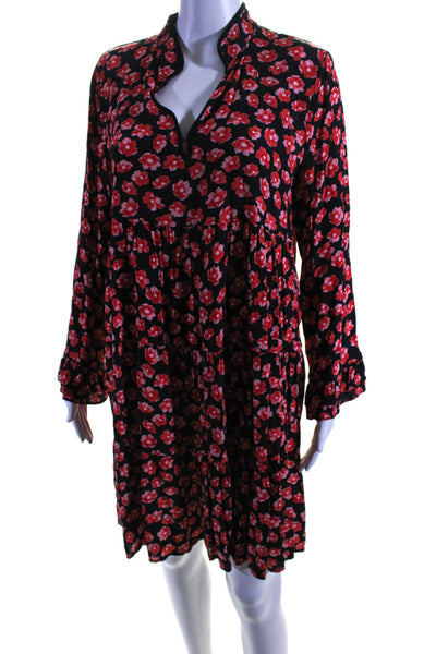 Ganni Womens Black Red Floral Print V-Neck Long Sleeve A-Line Dress Size 38