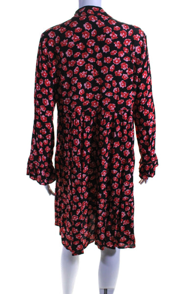 Ganni Womens Black Red Floral Print V-Neck Long Sleeve A-Line Dress Size 38