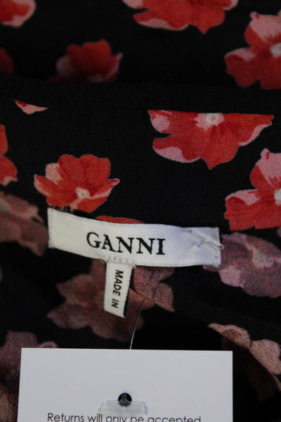 Ganni Womens Black Red Floral Print V-Neck Long Sleeve A-Line Dress Size 38