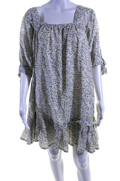 Mirth Womens Beige Printed Cotton Square Neck Short Sleeve A-Line Dress Size M