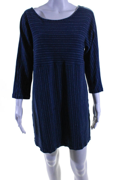 Hatch Womens Navy Cotton Striped Crew Neck 3/4 Sleeve A-line Dress Size 2