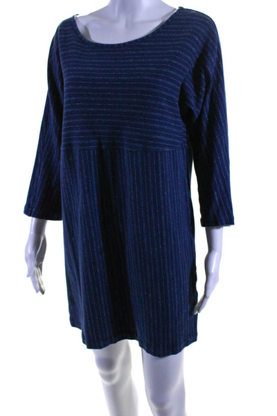 Hatch Womens Navy Cotton Striped Crew Neck 3/4 Sleeve A-line Dress Size 2