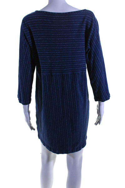 Hatch Womens Navy Cotton Striped Crew Neck 3/4 Sleeve A-line Dress Size 2