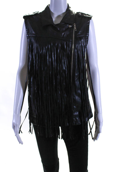 Blank NYC Womens Faux Leather Fringe Asymmetrical Moto Vest Black Size Medium