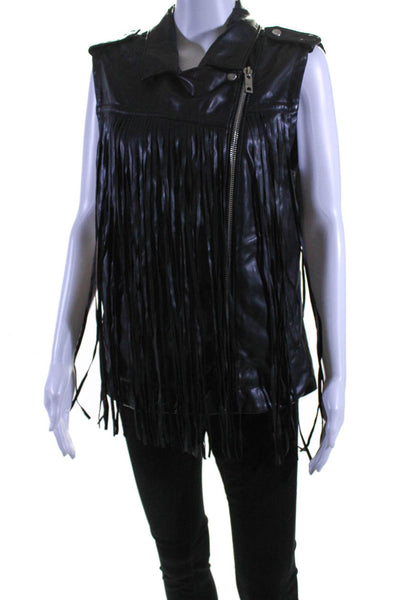 Blank NYC Womens Faux Leather Fringe Asymmetrical Moto Vest Black Size Medium