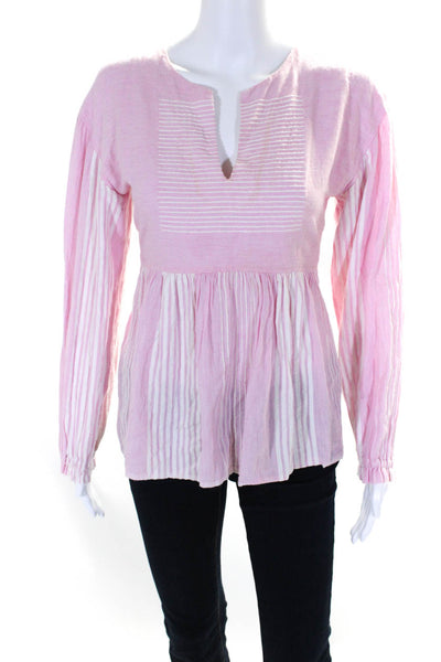 Lemlem Womens Cotton Striped Print Long Sleeve Tunic Blouse Pink White Size S