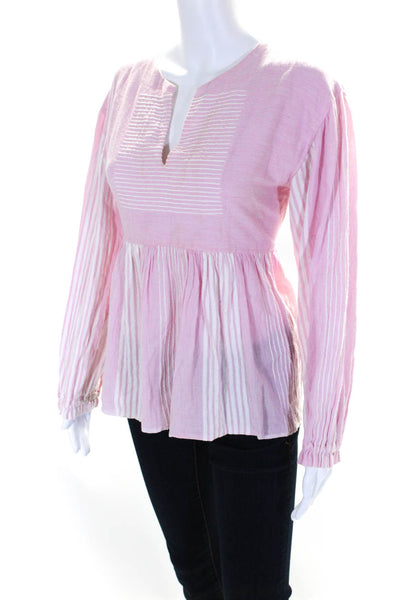 Lemlem Womens Cotton Striped Print Long Sleeve Tunic Blouse Pink White Size S