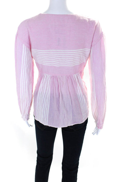 Lemlem Womens Cotton Striped Print Long Sleeve Tunic Blouse Pink White Size S