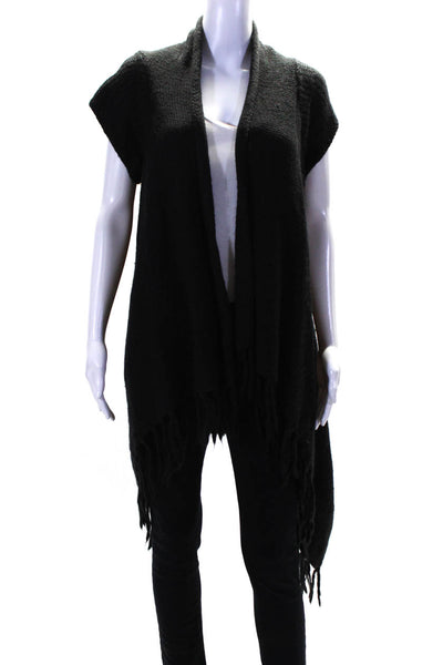 Design History Women Short Sleeve Waterfall Fringe Cardigan Sweater Black Medium