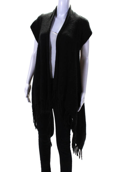 Design History Women Short Sleeve Waterfall Fringe Cardigan Sweater Black Medium