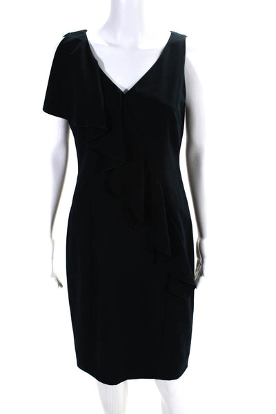 Elie Tahari Womens Navy Blue Ruffle Detail V-Neck Sleeveless Shift Dress Size 6