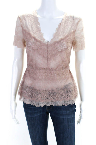 BCBG Max Azria Womens V-Neck Lace Textured Short Sleeve Peplum Blouse Pink Size