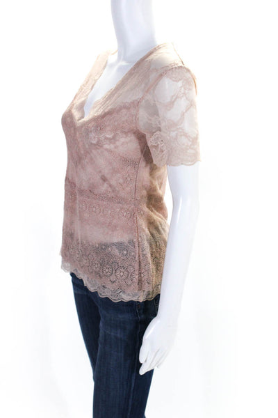 BCBG Max Azria Womens V-Neck Lace Textured Short Sleeve Peplum Blouse Pink Size