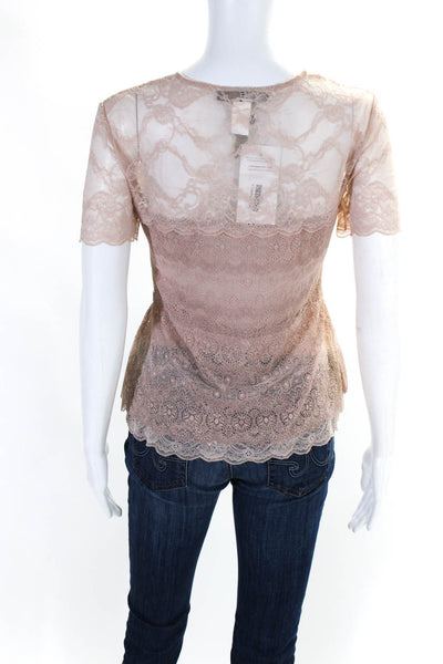 BCBG Max Azria Womens V-Neck Lace Textured Short Sleeve Peplum Blouse Pink Size