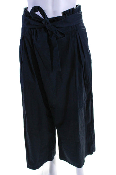 Exquise Womens Cotton High Rise Belted Paper Bag Waist Pants Navy Blue Size S