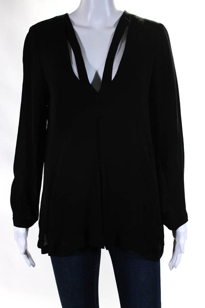 A.L.C. Womens Silk V-Neck Collared Long Sleeve Pullover Blouse Top Black Size M