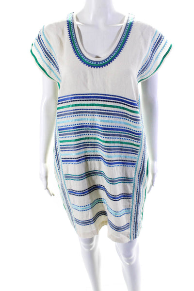 The Coast Brand Womens Embroidered Scoop Neck Shift Dress White Blue One Size