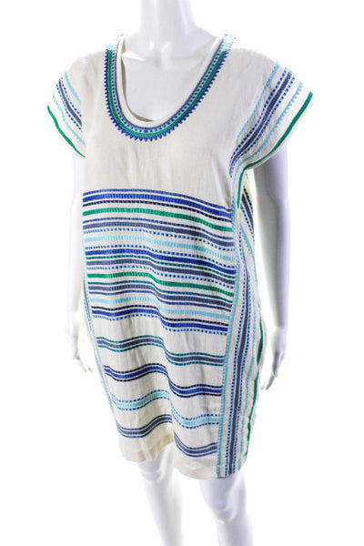 The Coast Brand Womens Embroidered Scoop Neck Shift Dress White Blue One Size