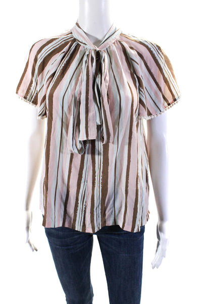 Raoul Womens Brown Pink Striped Silk Tie V-Neck Short Sleeve Blouse Top Size 0