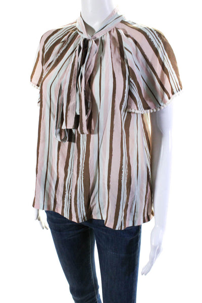 Raoul Womens Brown Pink Striped Silk Tie V-Neck Short Sleeve Blouse Top Size 0