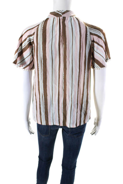 Raoul Womens Brown Pink Striped Silk Tie V-Neck Short Sleeve Blouse Top Size 0