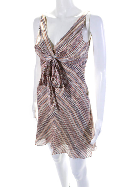 BCBGMAXAZRIA Womens Brown Silk Striped Tie Front Sleeveless Shift Dress Size 0