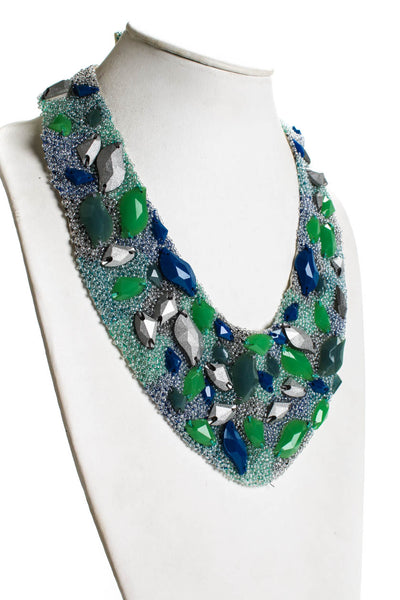 Roarke Womens Chiffon Blue Beaded Faceted Bead Bib Collar Necklace 23.5"