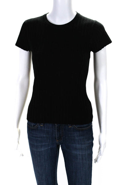 White + Warren Womens Cotton Ribbed Textured Round Neck T-Shirt Black Size S