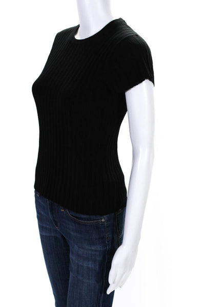 White + Warren Womens Cotton Ribbed Textured Round Neck T-Shirt Black Size S