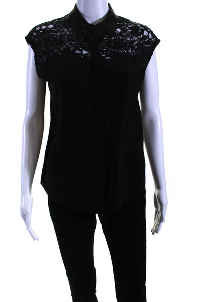 Rebecca Taylor Women's Short Sleeves Lace Trim Button Up Blouse Black Size 2