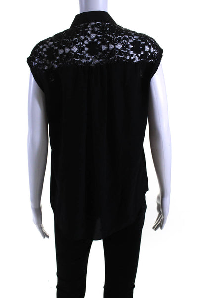 Rebecca Taylor Women's Short Sleeves Lace Trim Button Up Blouse Black Size 2