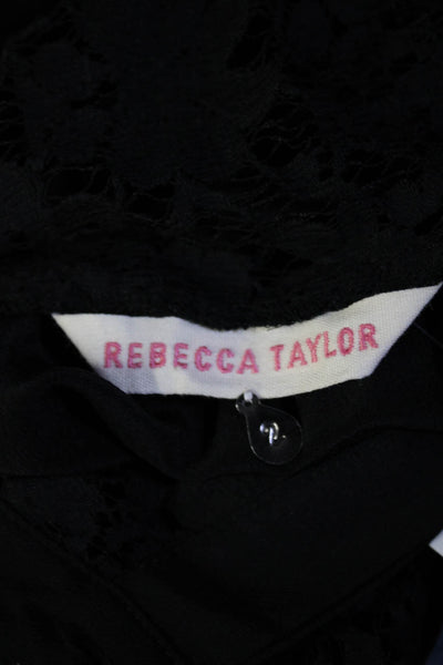 Rebecca Taylor Women's Short Sleeves Lace Trim Button Up Blouse Black Size 2