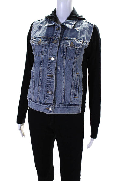 Bailey 44 Womens Patchwork Denim Buttoned Zipped Hooded Jacket Blue Size XS