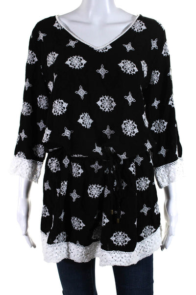 Helen Jon Womens Ebroidered Abstract Print Drawstring Blouse Top Black Size M