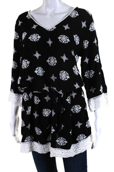 Helen Jon Womens Ebroidered Abstract Print Drawstring Blouse Top Black Size M