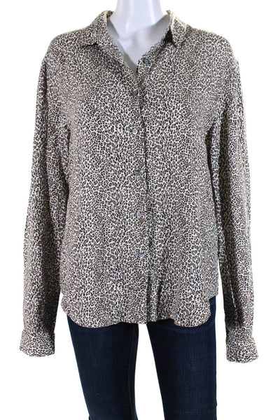 Jenni Kayne Womens Animal Print Buttoned Round Neck Long Sleeve Top Brown Size M