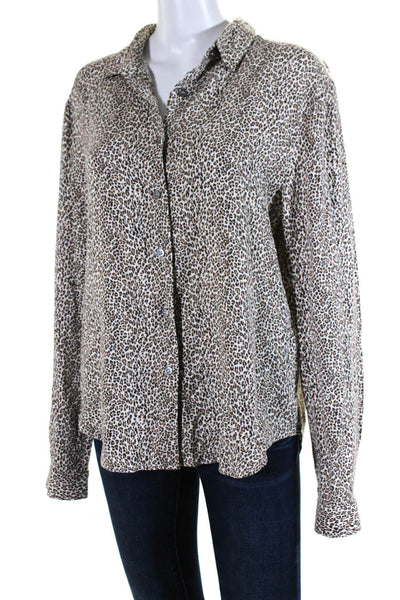 Jenni Kayne Womens Animal Print Buttoned Round Neck Long Sleeve Top Brown Size M