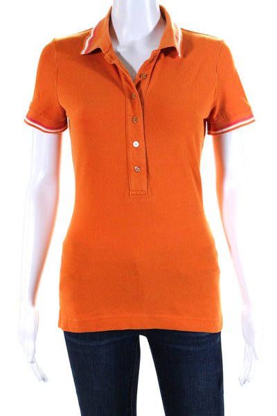 Tory Burch Womens Cotton Collar Half Button Short Sleeve Polo Top Orange Size S