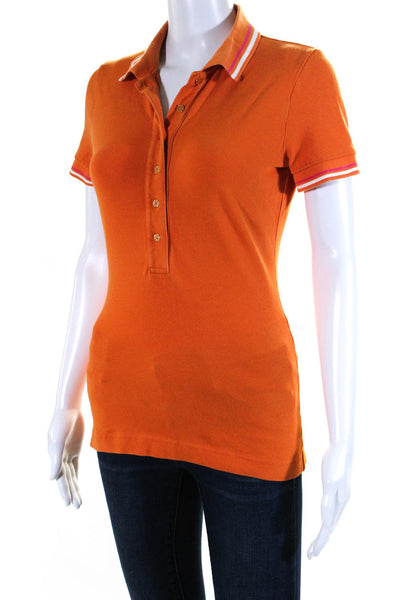 Tory Burch Womens Cotton Collar Half Button Short Sleeve Polo Top Orange Size S