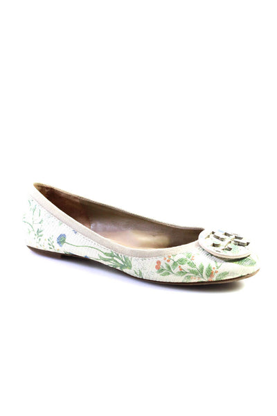 Tory Burch Womens Leather Floral Print Medallion Slip-On Flats White Size 9.5