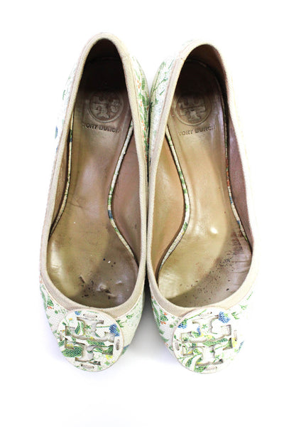 Tory Burch Womens Leather Floral Print Medallion Slip-On Flats White Size 9.5